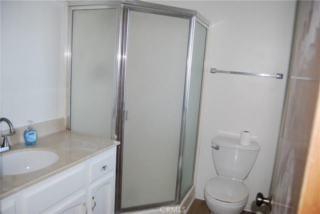 bathroom featuring a shower stall, toilet, and vanity