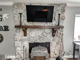 room details with a fireplace, wood finished floors, baseboards, and ornamental molding