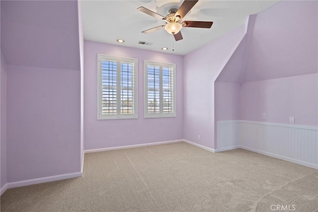 bonus room with a ceiling fan, visible vents, carpet floors, lofted ceiling, and recessed lighting