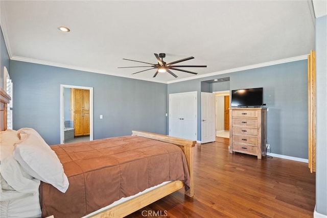 bedroom featuring dark wood-style floors, ceiling fan, baseboards, and ornamental molding