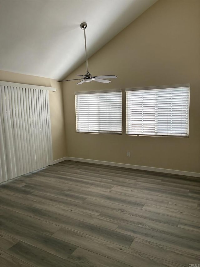 1549 Grand Teton Ct, Chula Vista, CA 91911 - empty room featuring ceiling fan, lofted ceiling, and wood finished floors