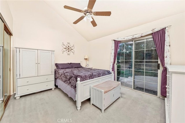 bedroom featuring access to exterior, high vaulted ceiling, light carpet, and ceiling fan