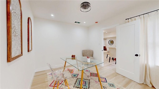 office area with recessed lighting, baseboards, visible vents, and light wood finished floors