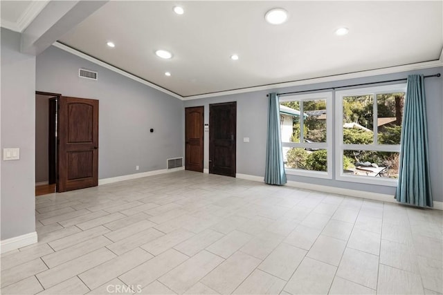 unfurnished room featuring visible vents, baseboards, lofted ceiling, ornamental molding, and recessed lighting