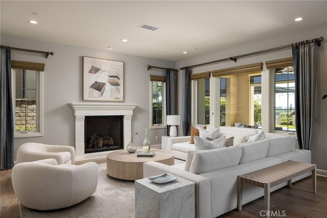 living area featuring wood finished floors, a healthy amount of sunlight, visible vents, and a fireplace with raised hearth