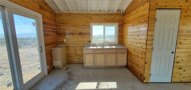 bathroom with unfinished concrete flooring, wood walls, and vanity