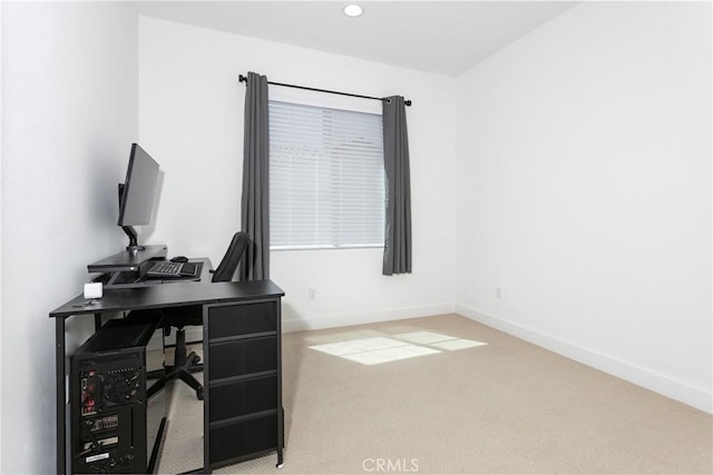 carpeted home office with recessed lighting and baseboards