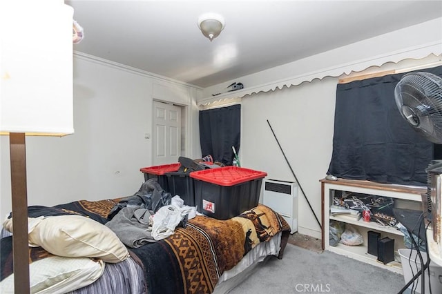 bedroom with radiator heating unit and carpet floors