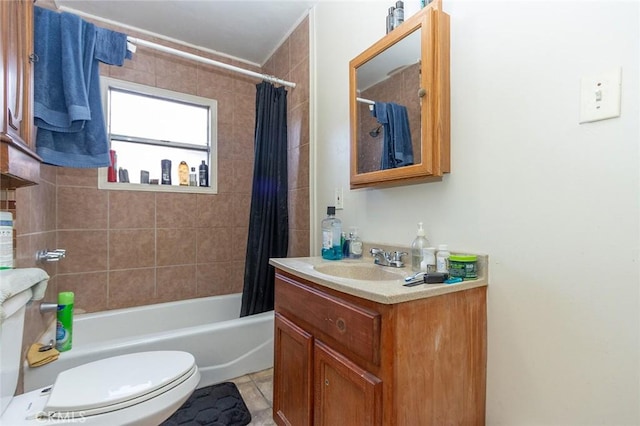 full bath featuring tile patterned flooring, toilet, vanity, and shower / bathtub combination with curtain