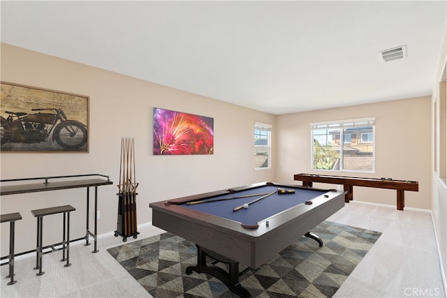 recreation room featuring visible vents, pool table, baseboards, and carpet floors