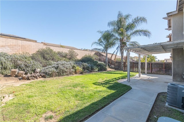 view of yard with cooling unit, a pergola, a fenced backyard, and a patio