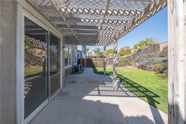 view of patio with central AC unit, a fenced backyard, and a pergola