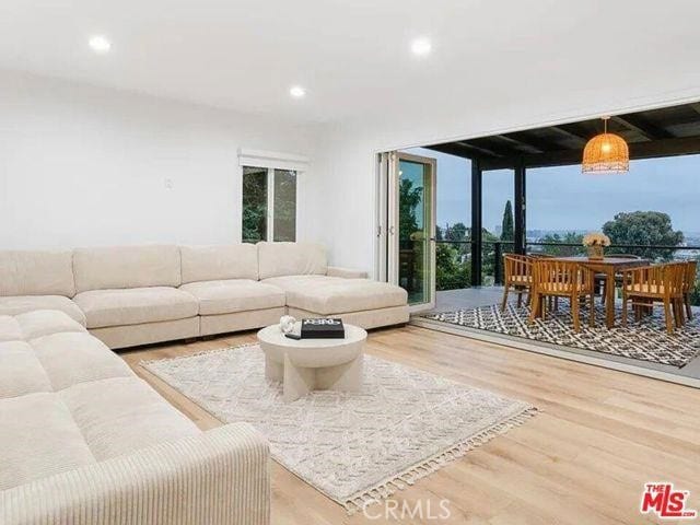 living room featuring recessed lighting and wood finished floors