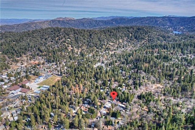 bird's eye view featuring a mountain view and a wooded view