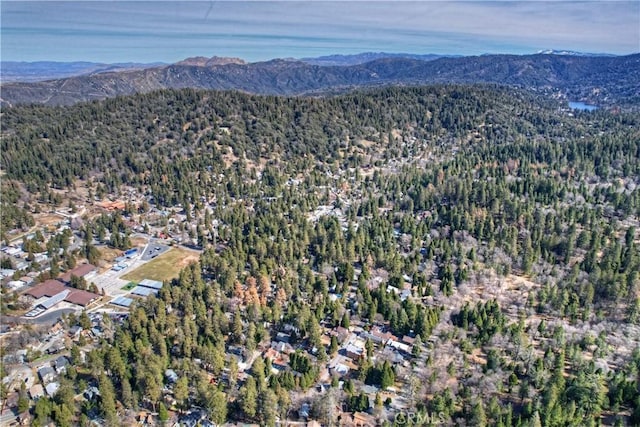 aerial view featuring a mountain view and a view of trees