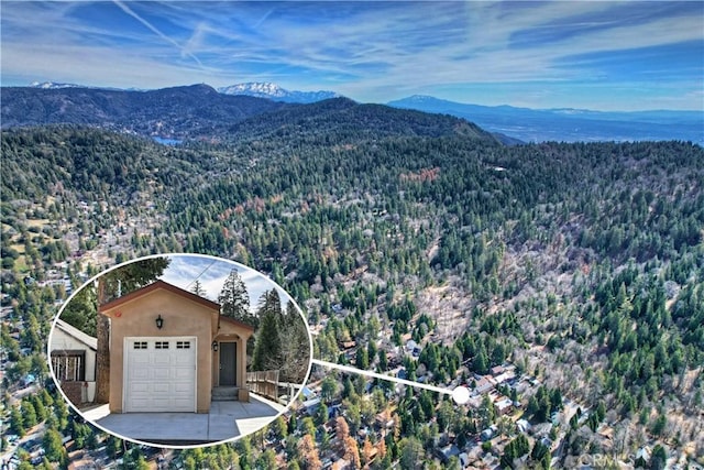 birds eye view of property with a view of trees and a mountain view