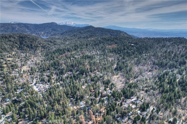 bird's eye view with a wooded view and a mountain view