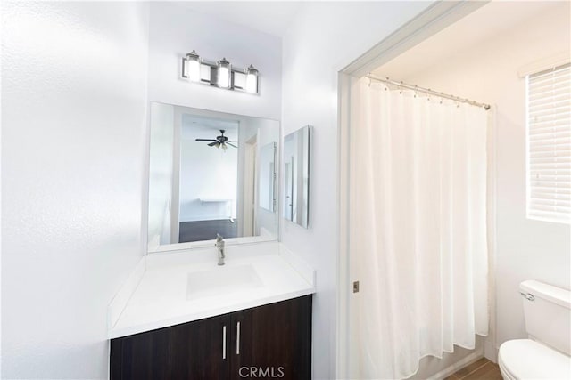 bathroom featuring vanity, toilet, and a shower with shower curtain