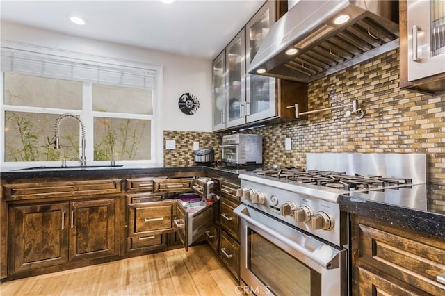 kitchen featuring tasteful backsplash, light wood-type flooring, high end stainless steel range oven, exhaust hood, and a sink