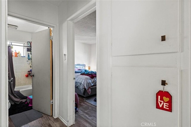 corridor featuring a textured ceiling and wood finished floors