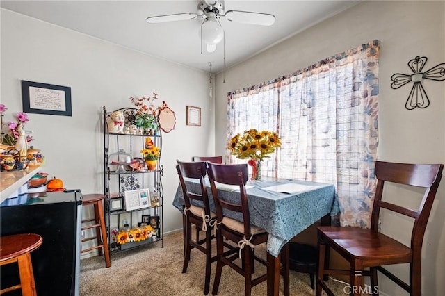 dining area featuring a ceiling fan and carpet