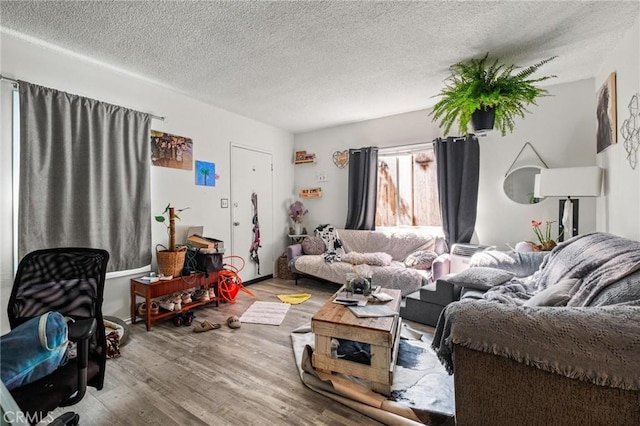 living room with wood finished floors and a textured ceiling