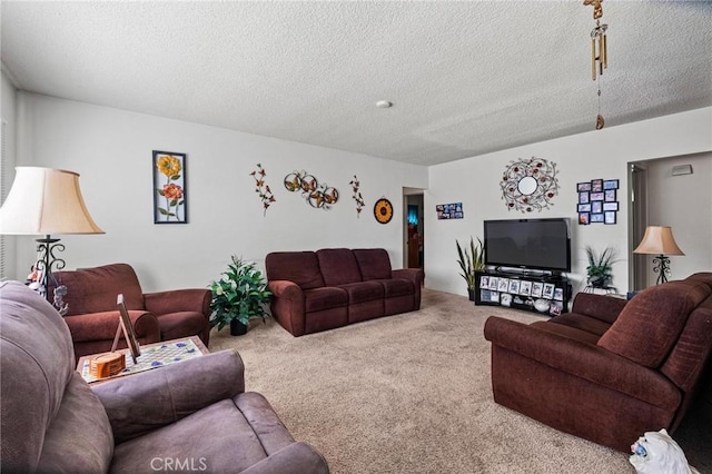 carpeted living room with a textured ceiling