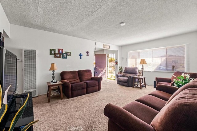 living area featuring carpet, a heating unit, and a textured ceiling