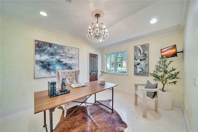 1425 Mirasol Dr, San Marino, CA 91108 - office area with baseboards, lofted ceiling, an inviting chandelier, tile patterned flooring, and crown molding