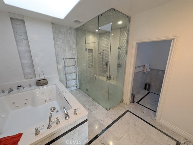 bathroom featuring visible vents, baseboards, a stall shower, a whirlpool tub, and marble finish floor