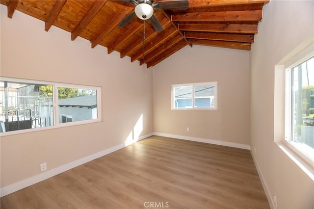 spare room featuring wood finished floors, baseboards, wooden ceiling, and vaulted ceiling with beams