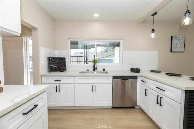 kitchen with backsplash, dishwasher, a peninsula, white cabinetry, and a sink