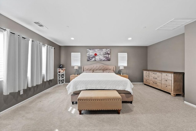 bedroom featuring visible vents, recessed lighting, baseboards, and carpet