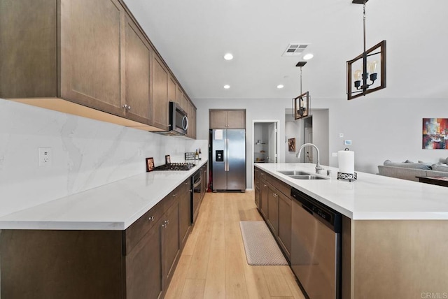 kitchen with visible vents, an island with sink, a sink, stainless steel appliances, and light wood finished floors