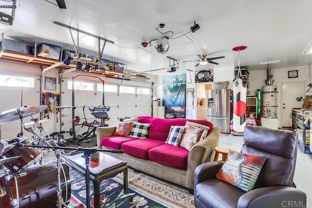 interior space with secured water heater and a garage