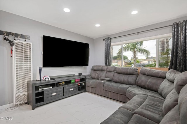 living room with recessed lighting, marble finish floor, and baseboards