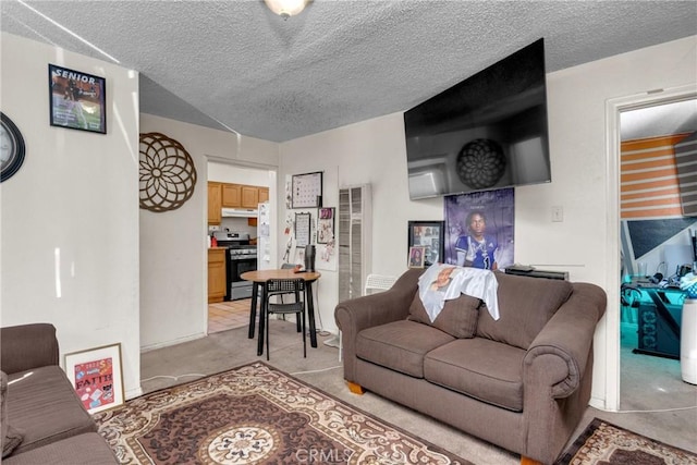 living room featuring light colored carpet and a textured ceiling