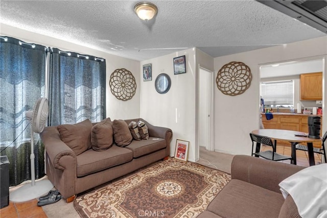 living area with a textured ceiling