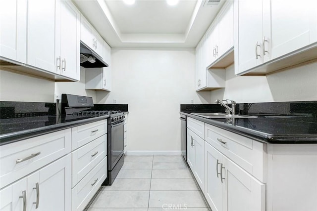 kitchen with gas stove, a sink, white cabinets, under cabinet range hood, and a raised ceiling