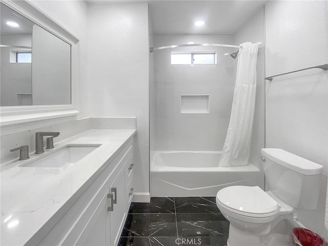 full bath with shower / bathtub combination with curtain, toilet, marble finish floor, and vanity