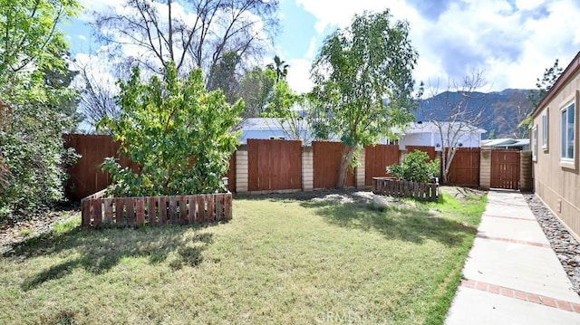 view of yard featuring a mountain view, a fenced backyard, and a gate