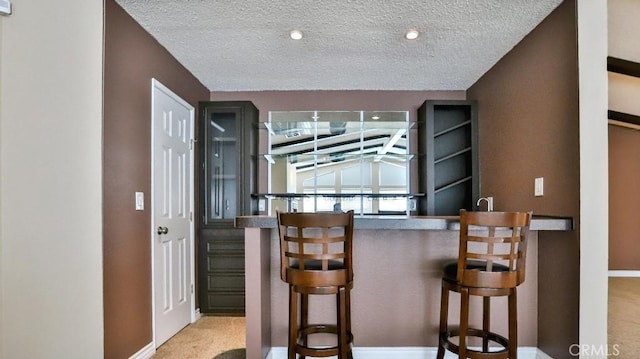 bar featuring indoor bar, baseboards, carpet floors, and a textured ceiling