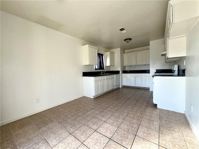 kitchen with visible vents, a sink, dark countertops, white cabinetry, and dishwasher