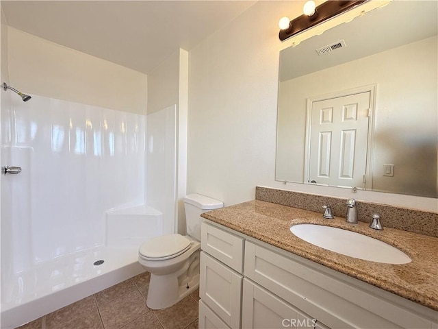 full bath featuring visible vents, toilet, tile patterned flooring, walk in shower, and vanity