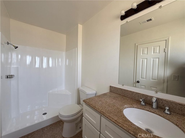 full bath featuring visible vents, toilet, vanity, and walk in shower