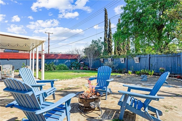 view of patio featuring a fire pit and a fenced backyard