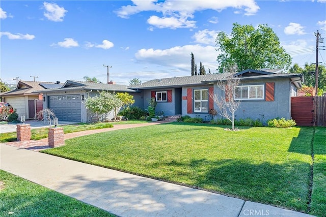 ranch-style house featuring stucco siding, a front lawn, driveway, fence, and an attached garage