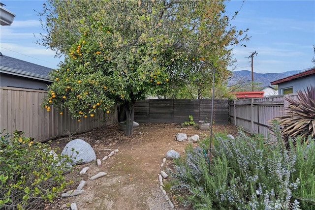 view of yard with a mountain view and a fenced backyard