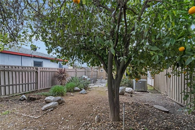 view of yard featuring central AC and a fenced backyard