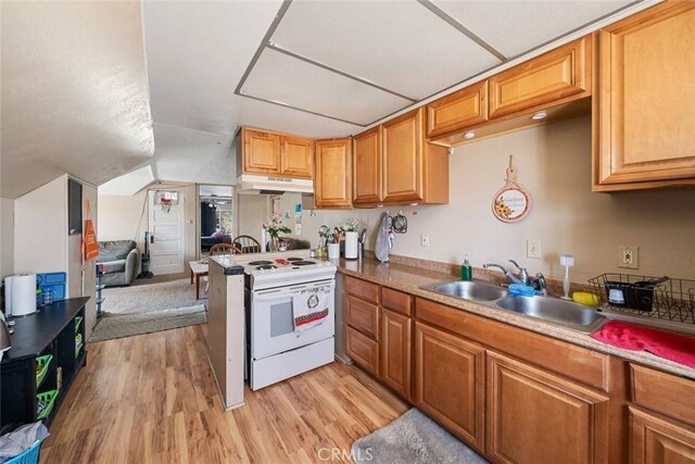 kitchen with light wood finished floors, a sink, under cabinet range hood, white electric range, and open floor plan